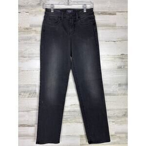 NYDJ Women’s 00 Emma Relaxed Straight Leg Jeans Black Faded Stretch Denim Zip